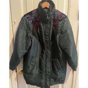 Vtg Women's Coat Jacket Size M Ski Snow Floral Velvet Quilt Accent